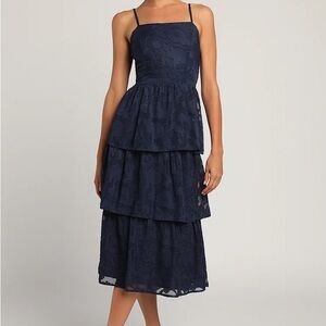 [NWT] Lulus Grace and Beauty Navy Blue Burnout Floral Print Tiered Dress